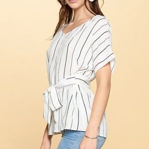 Short Sleeve Tie Peplum Striped Top Shirt Blouse